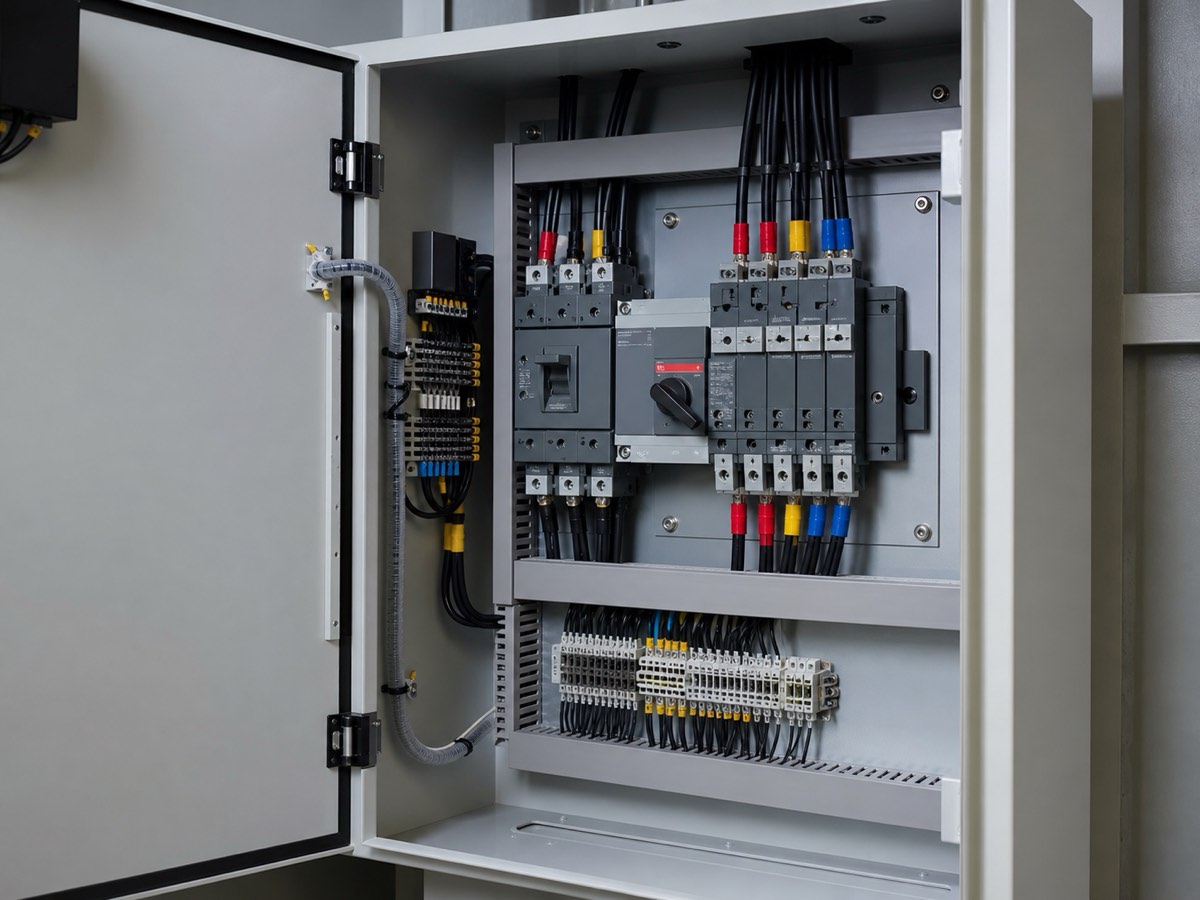Cánh tủ chuyển nguồn mở với các bộ phận được sắp xếp gọn